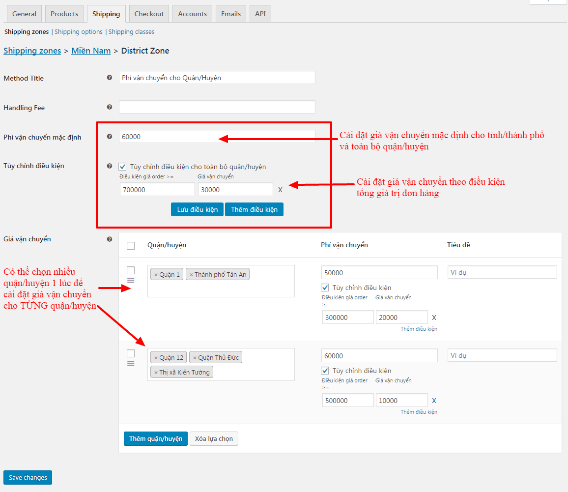 Plugin tính phí vận chuyển cho quận/huyện trong woocommerce