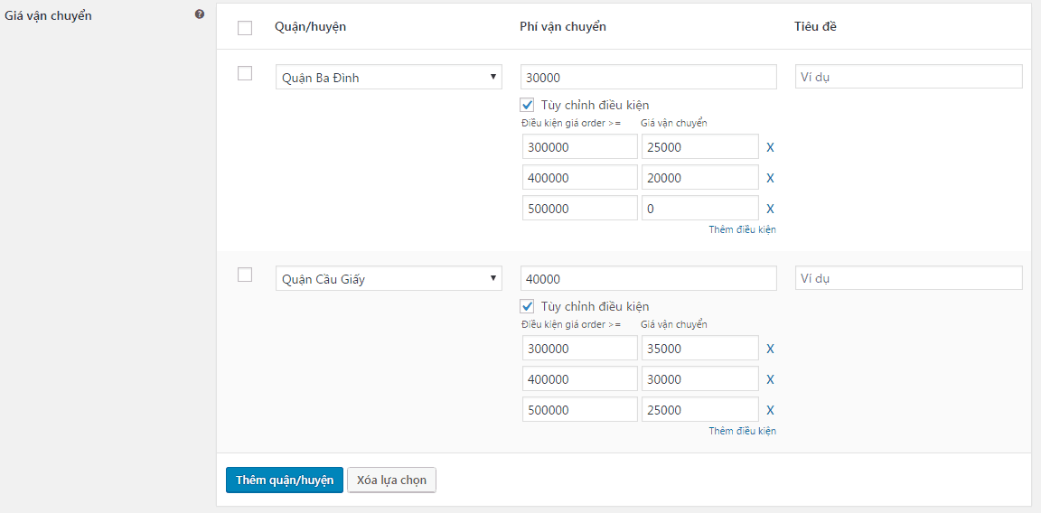 Plugin tính phí vận chuyển cho quận/huyện trong woocommerce
