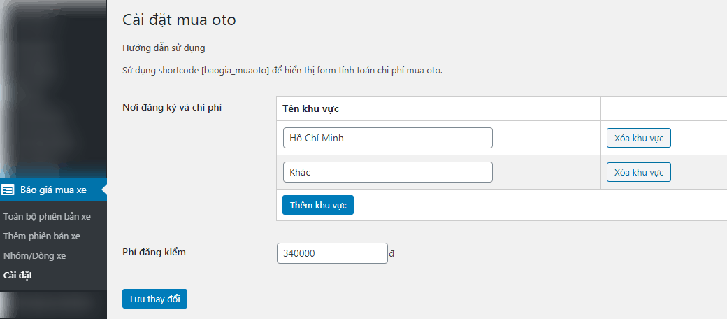 Plugin báo giá, dự toán chi phí mua xe oto