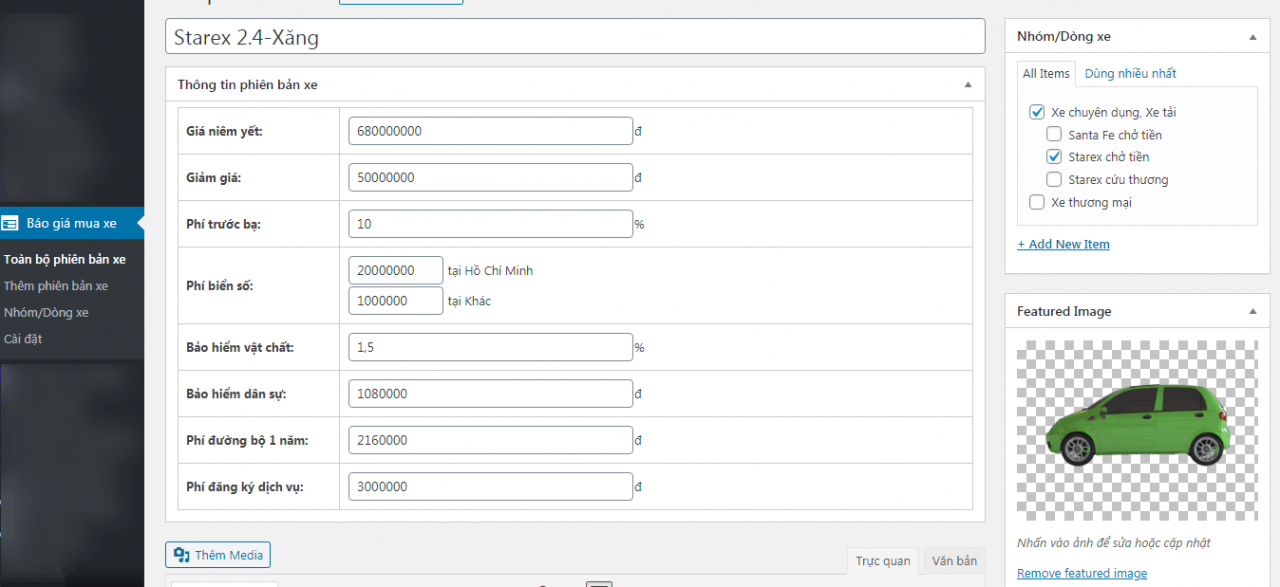 Plugin báo giá, dự toán chi phí mua xe oto