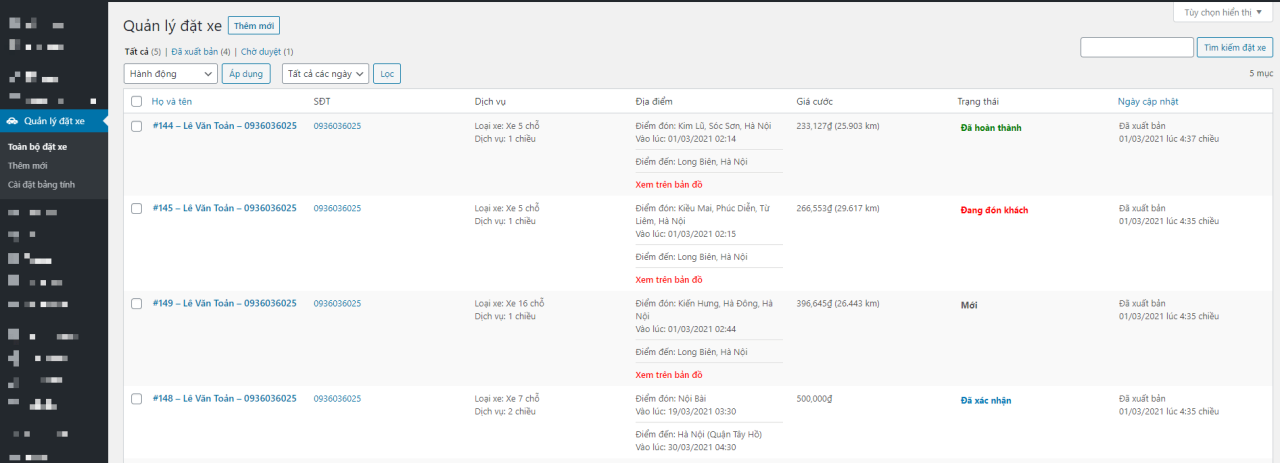 Plugin đặt xe online dành cho website WordPress