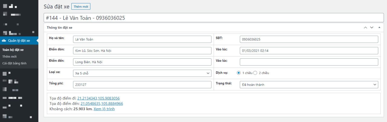 Plugin đặt xe online dành cho website WordPress