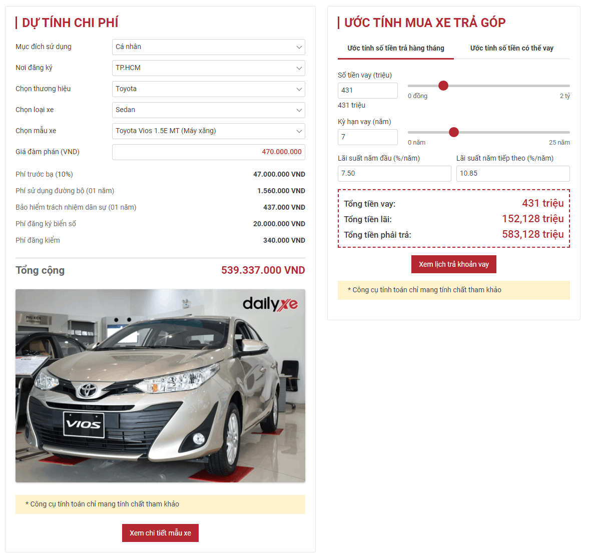 Plugin dự toán chi phí mua xe và mua trả góp ô tô