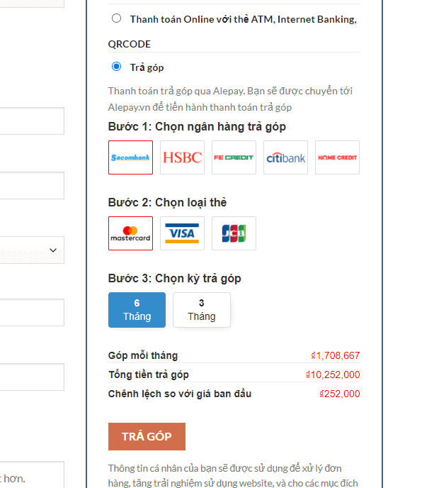 Plugin trả góp qua các công ty tài chính và Alepay cho Woocommerce